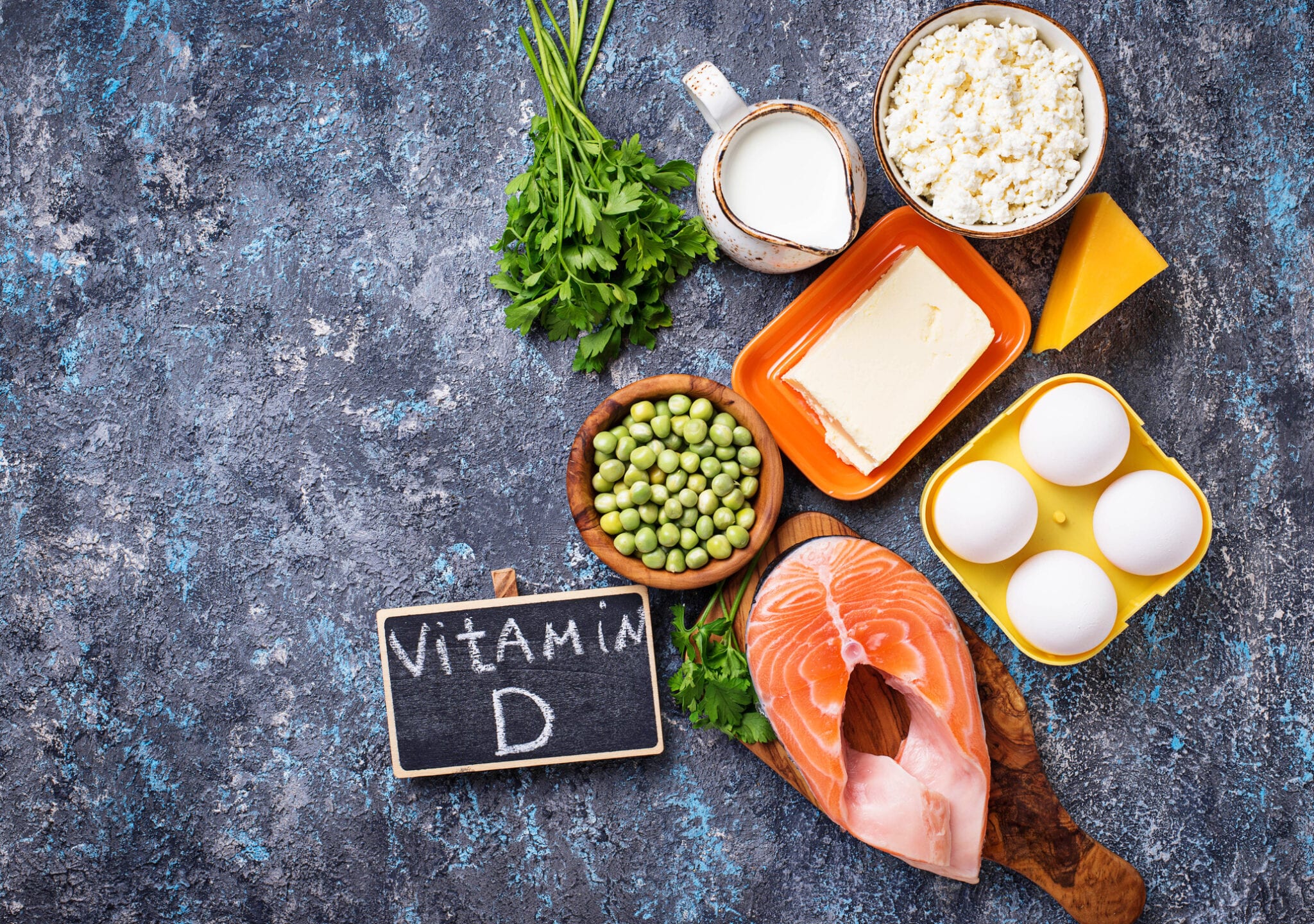 Healthy foods containing vitamin D. Top view