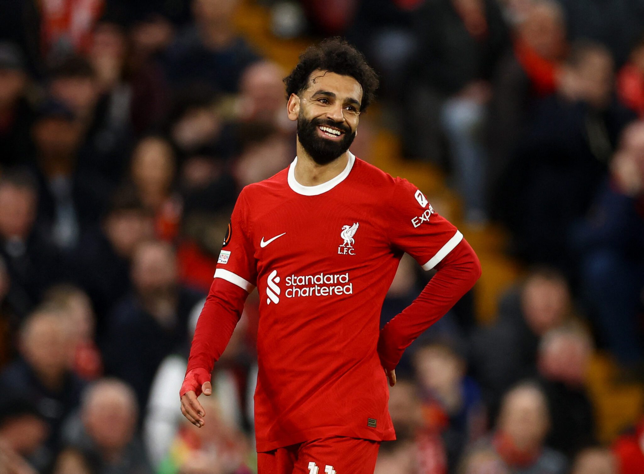 Soccer Football - Europa League - Round of 16 - Second Leg - Liverpool v Sparta Prague - Anfield, Liverpool, Britain - March 14, 2024 Liverpool's Mohamed Salah reacts Action Images via Reuters/Lee Smith