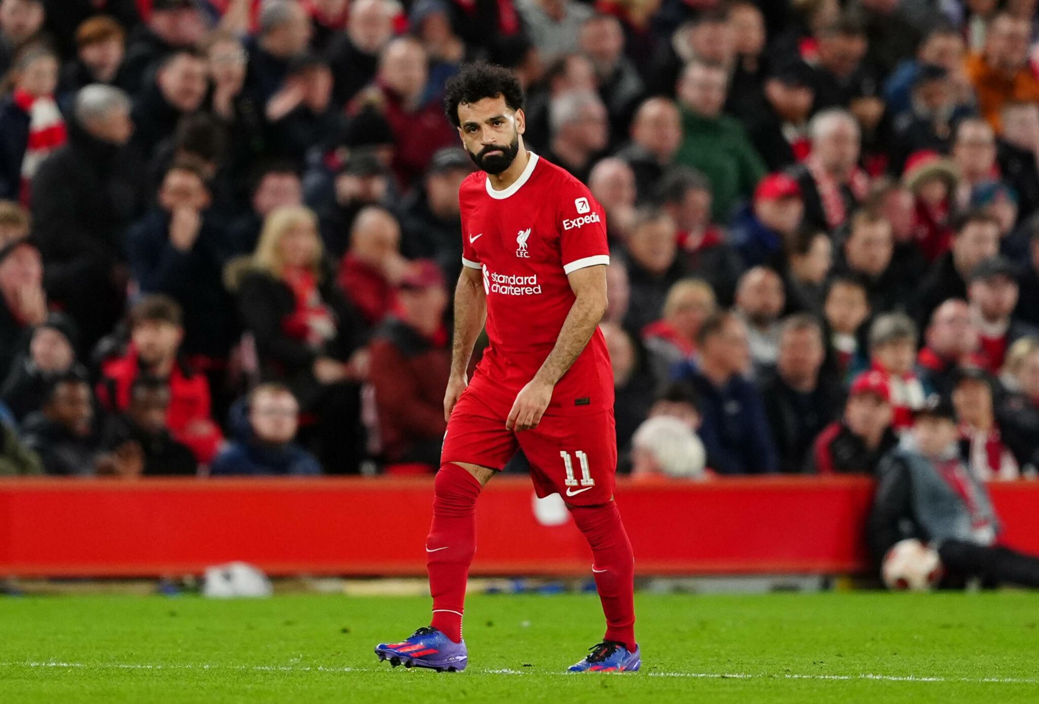 11 April 2024, United Kingdom, Liverpool: Liverpool's Mohamed Salah appears dejected after Atalanta's Gianluca Scamacca scores their second goal of the game during the UEFA Europa League quarter-final first leg soccer match between Liverpool and Atalanta at Anfield. Photo: Peter Byrne/PA Wire/dpa