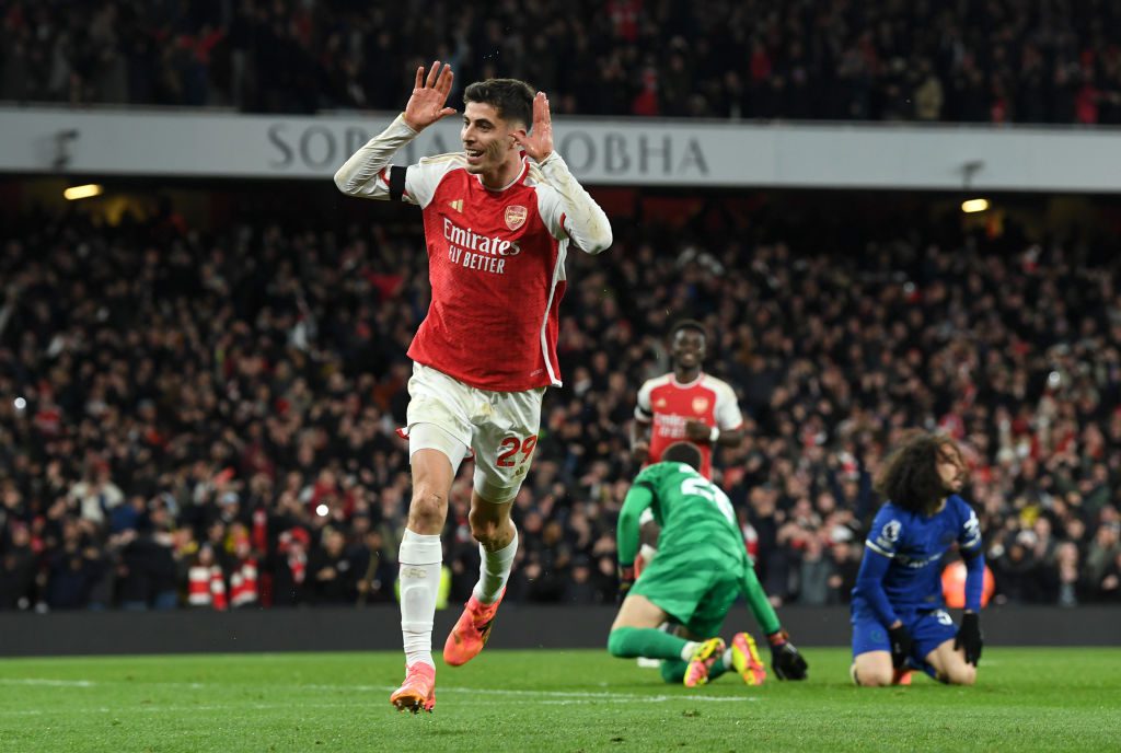 LONDON, ENGLAND - APRIL 23: Kai Havertz of Arsenal celebrates scoring his team's third goal during the Premier League match between Arsenal FC and Chelsea FC at Emirates Stadium on April 23, 2024 in London, England. (Photo by Stuart MacFarlane/Arsenal FC via Getty Images)