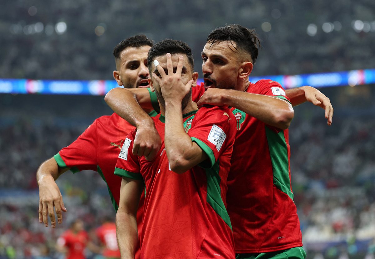 Soccer Football - FIFA Arab Cup - Qatar 2025 - Group B - Morocco v Saudi Arabia - Lusail Stadium, Lusail, Qatar - December 8, 2025 Morocco's Karim El Berkaoui celebrates scoring their first goal with teammates REUTERS/Mohammed Salem