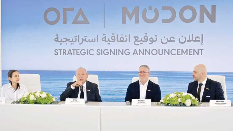 Naguib Sawiris Chairman and CEO of ORA with Bill O'regan Group CEO of MODON Holding during Strategic Signing and Announcement in Abu Dhabi. April 16, 2026. Photo by Erik Arazas
