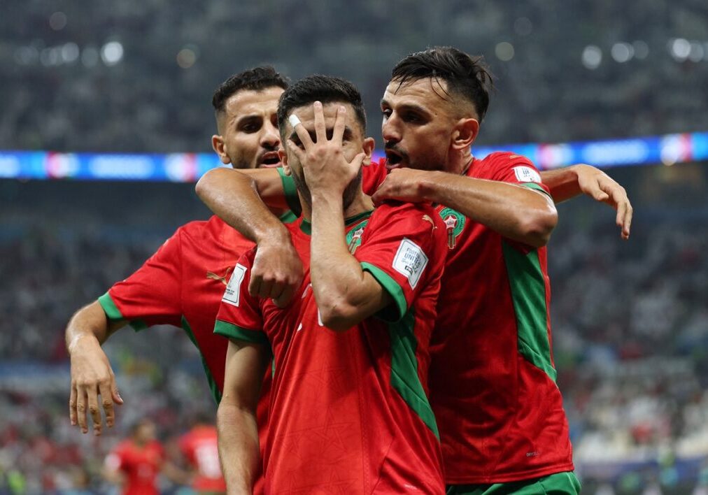 Soccer Football - FIFA Arab Cup - Qatar 2025 - Group B - Morocco v Saudi Arabia - Lusail Stadium, Lusail, Qatar - December 8, 2025 Morocco's Karim El Berkaoui celebrates scoring their first goal with teammates REUTERS/Mohammed Salem