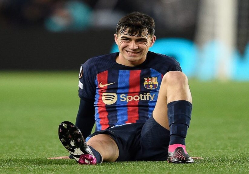 Barcelona's Spanish midfielder Pedri reacts after a fall during the UEFA Europa League round of 32 first-leg football match between FC Barcelona and Manchester United at the Camp Nou stadium in Barcelona, on February 16, 2023. (Photo by Josep LAGO / AFP) (Photo by JOSEP LAGO/AFP via Getty Images)